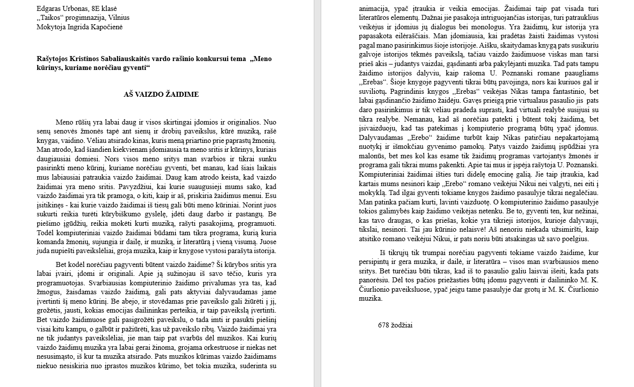 8 kl. mokinio Edgaro Urbono rašinys respublikiniam konkursui